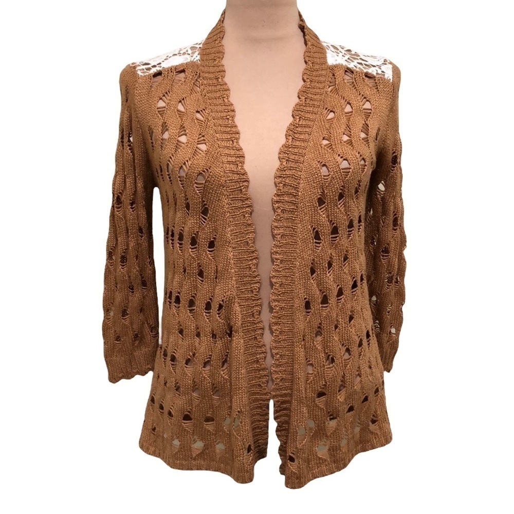 Daytrip Cardigan Sweater Size XS Brown Crochet Knit Lace Insert Scalloped Edge